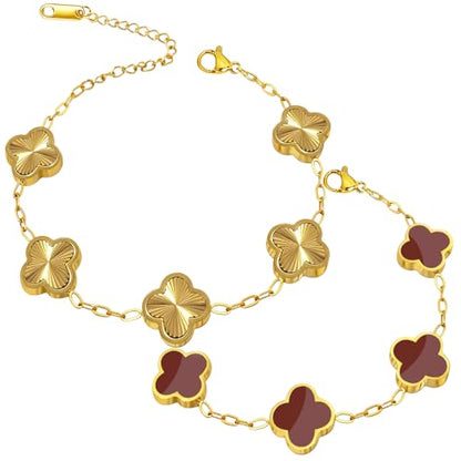 Four Leaf Clover Bracelet 18K Gold Plated Bracelets for Women Lucky Flower Design Stainless Steel Hypoallergenic Link Chain Adjustable Dainty Trendy Jewelry Gifts for Women - color: Gold+Red