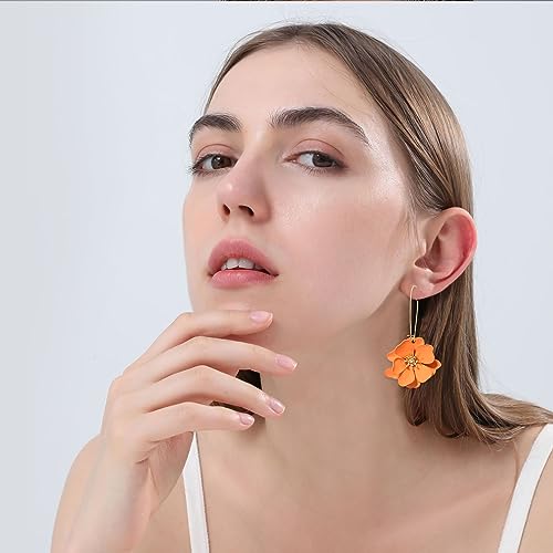 Bohemian Daisy Flower Matte Floral Long Petal Drop Dangle Earrings Layered Tiered for Women Chic Boho Wedding Jewelry - color: Orange