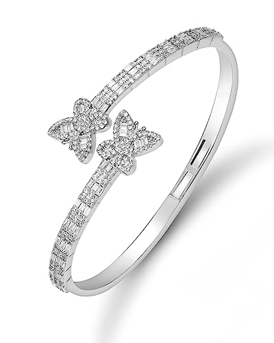 LuxeFlex Iced Out Diamond-Studded Butterfly Cuff Bracelet for Women, Men, and Teen Girls - 14K Gold Plated Bangle with Baguette CZ Stones, Perfect Birthday or Graduation Jewelry Gift for Best Friends - color: Butterfly/Silver