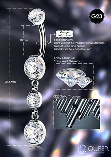 OUFER Titanium Belly Button Rings, Belly Button Rings Dangling, 14G Belly Piercing Jewelry, Internally Thread Clear CZ Belly Rings for Women Men