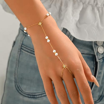 Gold Hand Chain Bracelet for Women 18K Gold Plated Stainless Steel Ring Bracelet Hand Chain with Pearl Star CZ Adjustable Hand Jewelry Chain Gifts - color: Y Pearl Star-Gold