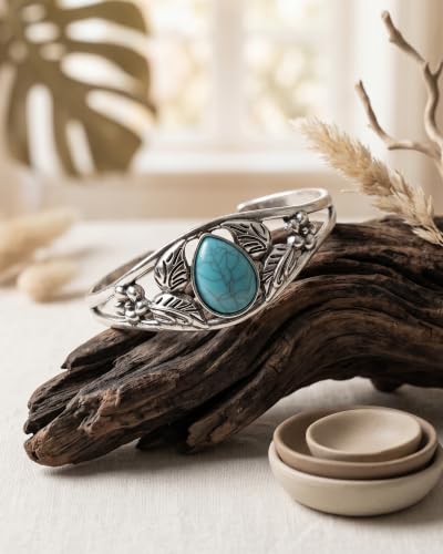 Boho Vintage Turquoise Cuff Bracelet for Women Silver Open Bangle Cuff Western Adjustable Bracelet for Everyday Wear