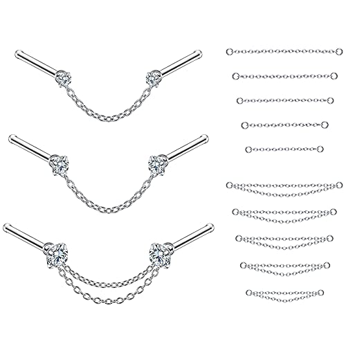 PunkTracker 20G Nose Rings 2mm 2.5mm 3mm CZ Nose Studs | with Chains Surgical Steel Nose Piercing Jewelry Nose Ring Studs - style: Silver, Nose Studs