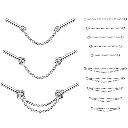PunkTracker 20G Nose Rings 2mm 2.5mm 3mm CZ Nose Studs | with Chains Surgical Steel Nose Piercing Jewelry Nose Ring Studs - style: Silver, Nose Studs