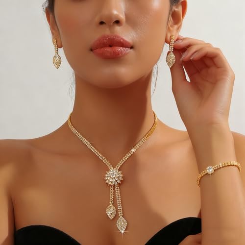 4 Pieces Cubic Zirconia Wedding Jewelry Sets for Bride Rhinestone Bridal Jewelry Set Necklace Bracelet Earring Ring for Brides Bridesmaid for Wedding Party - color: 3 PCS-Gold