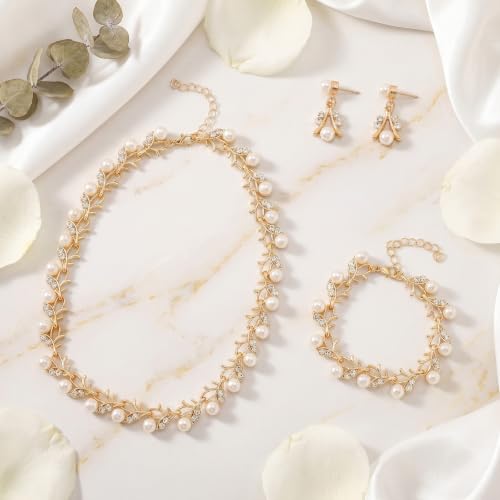 Rhinestone Pearl Jewelry Set Bracelet Necklace Earring for Women | Adjustable Extension Chain, Wedding Bridal Accessories, Faux Pearl Rhinestone Combo, Elegant Gift for Women - color: Gold