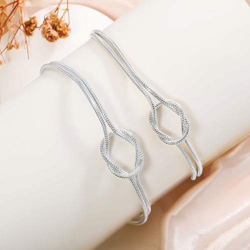 KOHOTA Silver Gold Bracelets for Women Trendy 14K Gold Plated Bracelet for Women Non Tarnish Dainty Stackable Layered Chain Heart Pearl Knot Beaded Bracelets Stack Set Charm Mothers Day Jewelry Gifts - color: A. Knot-silver silver