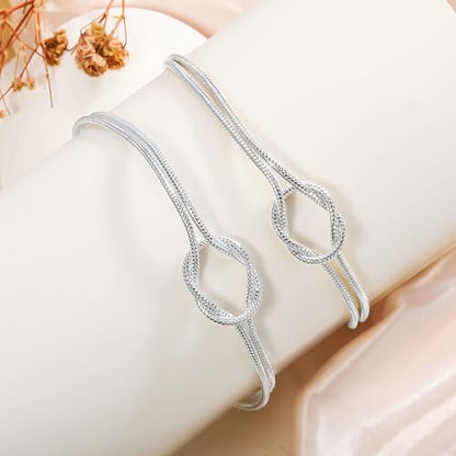 KOHOTA Silver Gold Bracelets for Women Trendy 14K Gold Plated Bracelet for Women Non Tarnish Dainty Stackable Layered Chain Heart Pearl Knot Beaded Bracelets Stack Set Charm Mothers Day Jewelry Gifts - color: A. Knot-silver silver