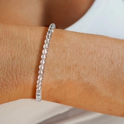 Crystal Beaded Bracelets for Women 4mm Clear Quartz Bead Handmade Gemstone Stretch Elastic Bracelet Natural Stone Crystal Healing Reiki Spiritual Jewelry Gifts - color: Clear Quartz, size: 4mm