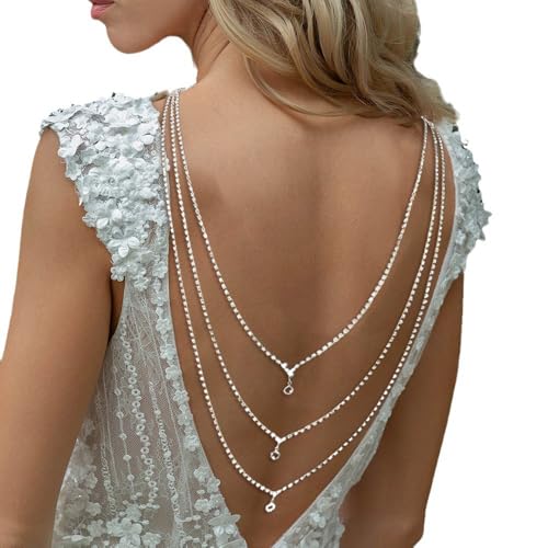 Rhinestone Layers Back Necklace Chains for Backless Dress Shinny Bridal Wedding Shoulder Body Jewelry for Women Back Body Chain - color: Silver