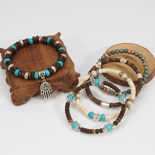 Boho Wooden Beads Bracelets Bohemian Bracelet Stack for Men Women Wood Beaded Bracelet Set - color: E
