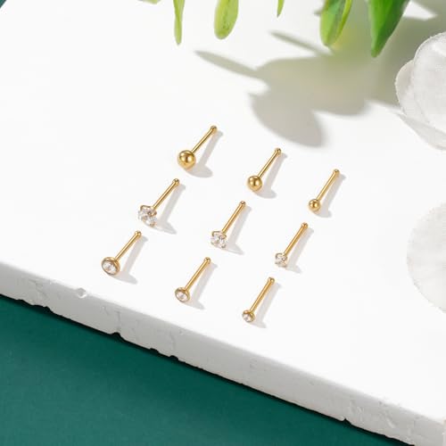 Gotumo 20G Nose Rings Titanium Nose Studs Cubic Zirconia Straight Nose Piercing Jewelry Hypoallergenic Nose Rings Studs for Women Men 6pcs set Silver - color: Gold, size: 20G Straight 9pcs