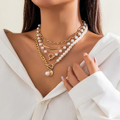 Otxas Layered Gold Necklaces for Women Non Tarnish Chunky Necklace | Stacked Necklaces for Women Heart Pendant Toggle Necklace Paperclip Chain Necklaces for Daily Wear, Party, Gift - style: Style 5