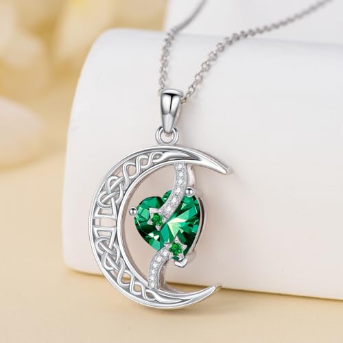 TOUPOP Moon and Star Birthstone Necklace for Women 925 Sterling Silver Celtic Moon Jewelry Birthday Mothers Day Gifts for Mom Wife Her - color: 05-May-Emerald