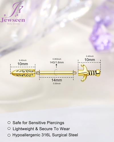 Jewseen 14G Nipple Rings Sword Nipple Piercing Jewelry Surgical Steel Nipple Barbell Straight Bar Body Piercing Jewelry for Women - color: Gold