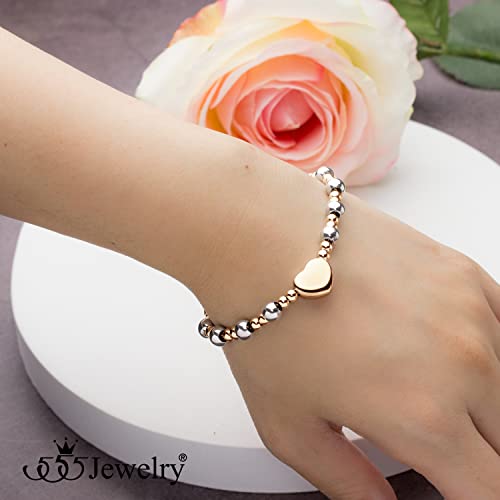 555Jewelry Stainless Steel Beads & Puffed Heart Charm Bracelet for Women & Ladies - color: Silver/Rose Gold