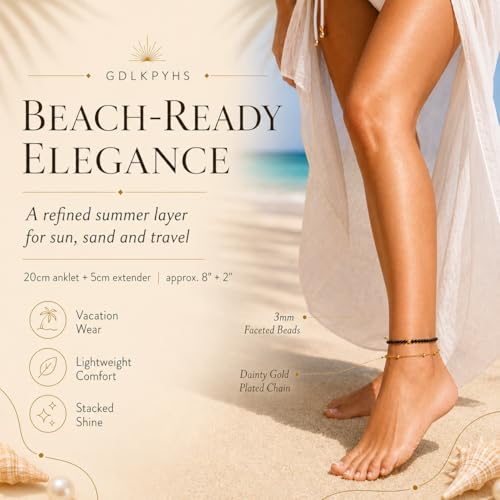 2Pcs Beaded Anklets for Women, Natural Stone Bead Ankle Bracelets with 14K Gold Plated Chain, Waterproof Adjustable Layered Anklet Set, Boho Beach Summer Jewelry Gift - color: Black Tourmaline