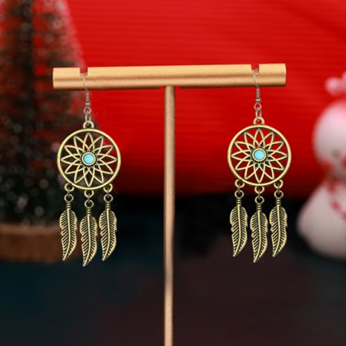 Blue Turquoise Dream Catcher Feather Earrings for Women Vintage Bohemian Western Jewelry - style: Gold Sunflower