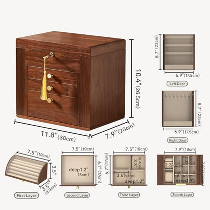 Black Walnut Wooden Jewelry Box, Wood Jewelry Organizer with 2 Side Doors Mirror Lockable Classical for Watch Necklace Ring Earring, Gift for Women-4 Layer with Curved Ring Grooves - style: 4 Layer (Top & Side Lock)