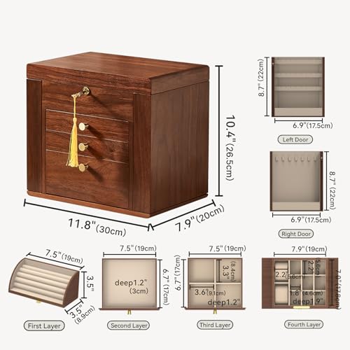 Black Walnut Wooden Jewelry Box, Wood Jewelry Organizer with 2 Side Doors Mirror Lockable Classical for Watch Necklace Ring Earring, Gift for Women-4 Layer with Curved Ring Grooves - style: 4 Layer (Top & Side Lock)