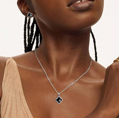 14K Gold Plated | 14K Platinum Plated Necklace for Women Necklace Earrings Set with Sparkling Zircon Inlay and Silver Post Earrings - color: clover suit silver