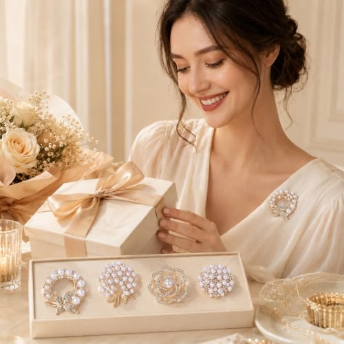 4pcs Crystal Pearl Brooch, Flower Pearl Brooch Pins for Women | Fashion Elegant Glod Crystal Floral Brooches for Dress Coat Shawl Wedding Appreciation Decor