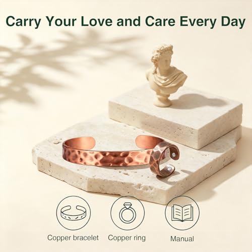 Copper Bracelets for Women Men Set, 100% Solid Real Pure Handmade Hammered Copper & Rings Jewelry Bracelet