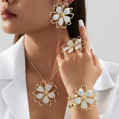 Gold Flower Jewelry Set For Women, 5 Pcs Chunky Golden Floral Pendant Necklace Bracelet Earrings Ring Set Statement Flower Jewelry Gifts For Beach Wedding - color: 5pcs-White