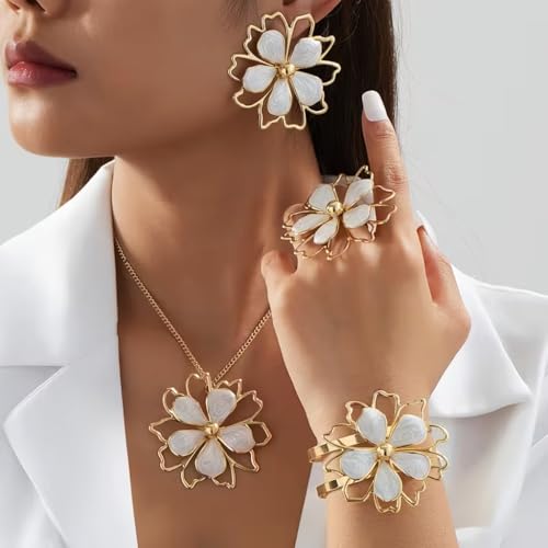 Gold Flower Jewelry Set For Women, 5 Pcs Chunky Golden Floral Pendant Necklace Bracelet Earrings Ring Set Statement Flower Jewelry Gifts For Beach Wedding - color: 5pcs-White