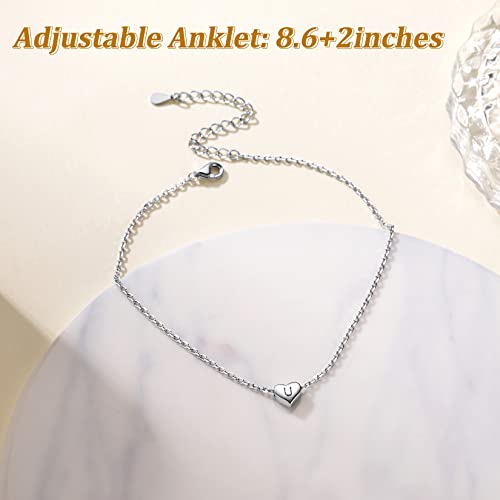 Suplight 925 Sterling Silver Initial Heart Anklets for Women Dainty Ankle Bracelets Letter Anklet Adjustable Plus Size Foot Chain Summer Beach Boho Jewelry - color: Q
