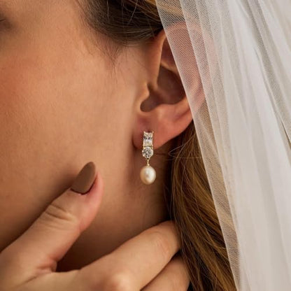 Pearl Earrings for Women:Gold Wedding Dangle Drop Earring Pearl Jewelry | 14K Gold Plated Pearl Drop Earrings for Women,Dainty Wedding Bride Earring Studs,Gold Dangle Drop Earring,Waterproof Jewelry - size: 1 pcs-18