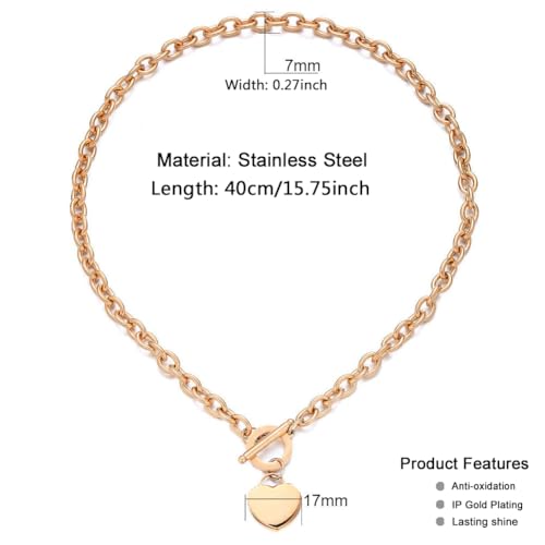 WangGao Elegent Love Stainless Steel Link Chain Blank Heart Charms Necklace for Women Toggle Clasp Closure - color: Rose Gold, size: 15.74inches