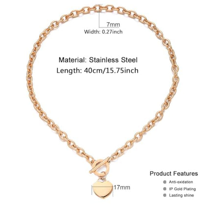 WangGao Elegent Love Stainless Steel Link Chain Blank Heart Charms Necklace for Women Toggle Clasp Closure - color: Rose Gold, size: 15.74inches
