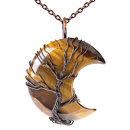 Bivei Life Tree Crescent Moon Necklaces for Women | Copper Wire Wrap Gemstones Pendant Crystals and Natural Stones Necklace Witch Jewellery Christmas Valentine's Day for Friends - color: Brown - Tiger Eye Stone, style: Pack of 1