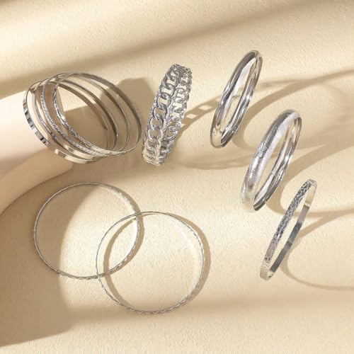 Gold Bangle Bracelets for Women, 14k Gold Plated Multi Layer Textured Stackable Open Bracelet Set Boho Indian Bangles Stackable Set Trendy Elegance Charms Non Tarnish Minimalist Bangle Pack - style: Silver 10Pcs