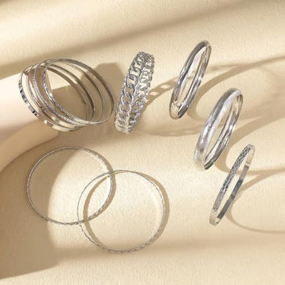 Gold Bangle Bracelets for Women, 14k Gold Plated Multi Layer Textured Stackable Open Bracelet Set Boho Indian Bangles Stackable Set Trendy Elegance Charms Non Tarnish Minimalist Bangle Pack - style: Silver 10Pcs