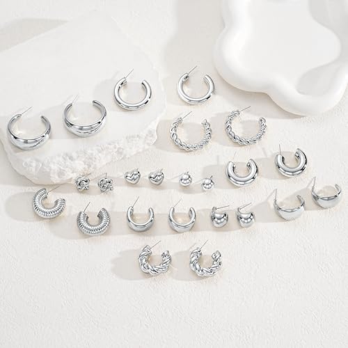 12 Pairs Chunky Gold Hoop Earrings for Women Trendy, Gold Plated Lightweight Hypoallergenic Stack, Thick Open Twisted Huggie Hoops Earring Set - color: Silver Chunky