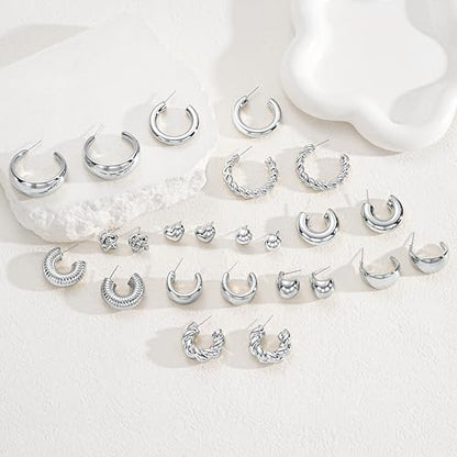 12 Pairs Chunky Gold Hoop Earrings for Women Trendy, Gold Plated Lightweight Hypoallergenic Stack, Thick Open Twisted Huggie Hoops Earring Set - color: Silver Chunky