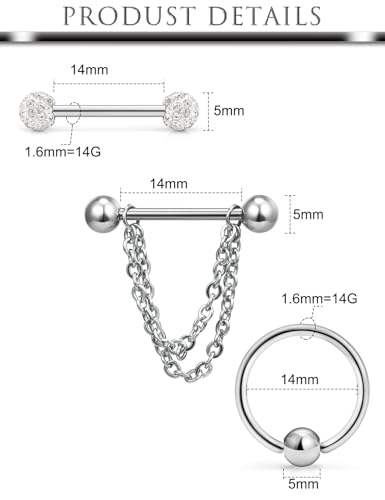 Hoeudjo 14Pcs 14G Surgical Steel Chain Dangle Nipple Rings Barbell Piercing Jewelry Retainer for Women - color: 7 Pairs/14G/Silver-tone