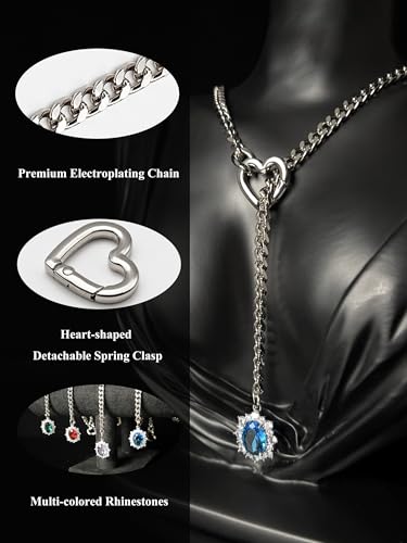 Women's Heart O-Ring Slip Chain Necklace, Double Layered Adjustable 39'' Cuban Chain with Detachable Heart Clasp and Colorful Rhinestone Pendant - color: 25'' Silver-Ocean Blue