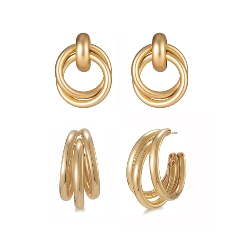 2 Pairs Gold/Silver Hoop Earrings For Women Set Trendy,14K Plated Gold Chunky Huggie Hoop Earings Pack,Oval Twisted Statement Silver Hoops,Fashion Jewelry Gift - color: 11) matte hoop