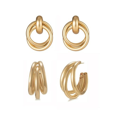 2 Pairs Gold/Silver Hoop Earrings For Women Set Trendy,14K Plated Gold Chunky Huggie Hoop Earings Pack,Oval Twisted Statement Silver Hoops,Fashion Jewelry Gift - color: 11) matte hoop