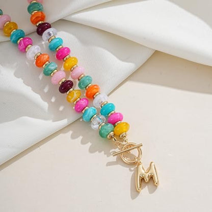 NIKOLUX Colorful Initial Necklaces for Women Chunky Resin Beaded Toggle Necklace 14K Gold Plated A-Z Bubble Letter Pendant Necklace Trendy Summer Beach Handmade Jewelry Gift - color: Colorful-M
