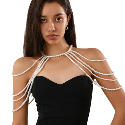 Multi-layer Pearl Tassel Shoulder Chain Necklace for Women Layered Beaded Shoulder Body Jewelry Rave Pearl Arm Chain - color: White