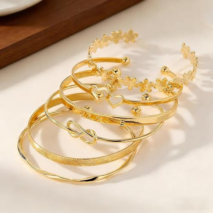 Gold Bangle Bracelet, 6 Pcs Layer Stackable Cuff Bracelet Set, 14K Gold Plated Dainty Layered Chain for Women (Gold)