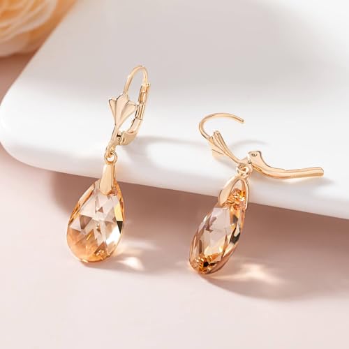 Austrian Crystal Teardrop Leverback Dangle Earrings for Women Fashion 14K Gold Plated Hypoallergenic Jewelry - color: Topaz