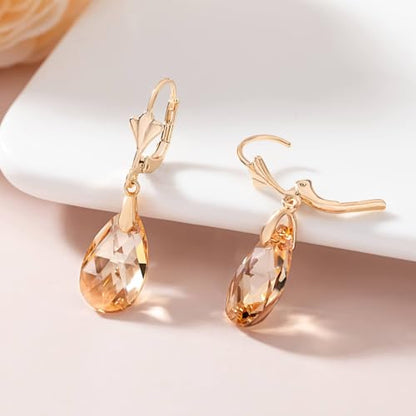 Austrian Crystal Teardrop Leverback Dangle Earrings for Women Fashion 14K Gold Plated Hypoallergenic Jewelry - color: Topaz