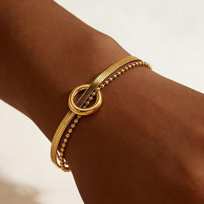 CTRLZTEAM 14K 18K Gold Plated Layered Bracelets for Women Stacked Bracelet | 14K 18K gold plated multi layer bracelets combine distinct chains with single clasp for instant pre-stacked style - style: Integrated Dual-Strand Snake Chain