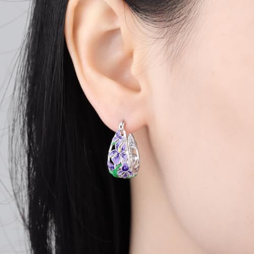 Floral Hoop Earrings 925 Sterling Silver with 14K Gold Plating – Lightweight CZ Flower Hoops | Hypoallergenic Jewelry for Women | Gift Box + Polishing Cloth - color: 22mm Iris earrings purple