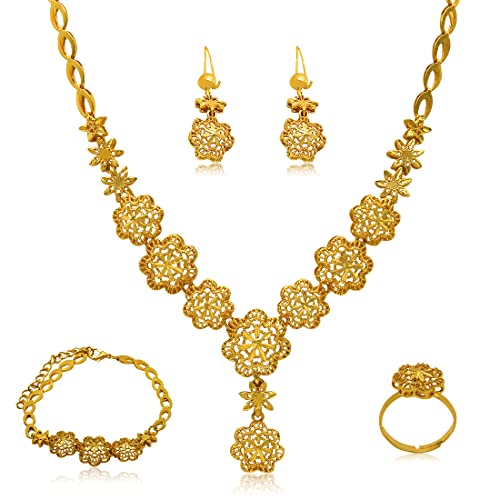 indian Women Jewelry Necklace Set african Dubai Bride Wedding Prom Fashion Jewelry 24K Gold Plated Necklace Bangles Rings Earrings - color: S-04